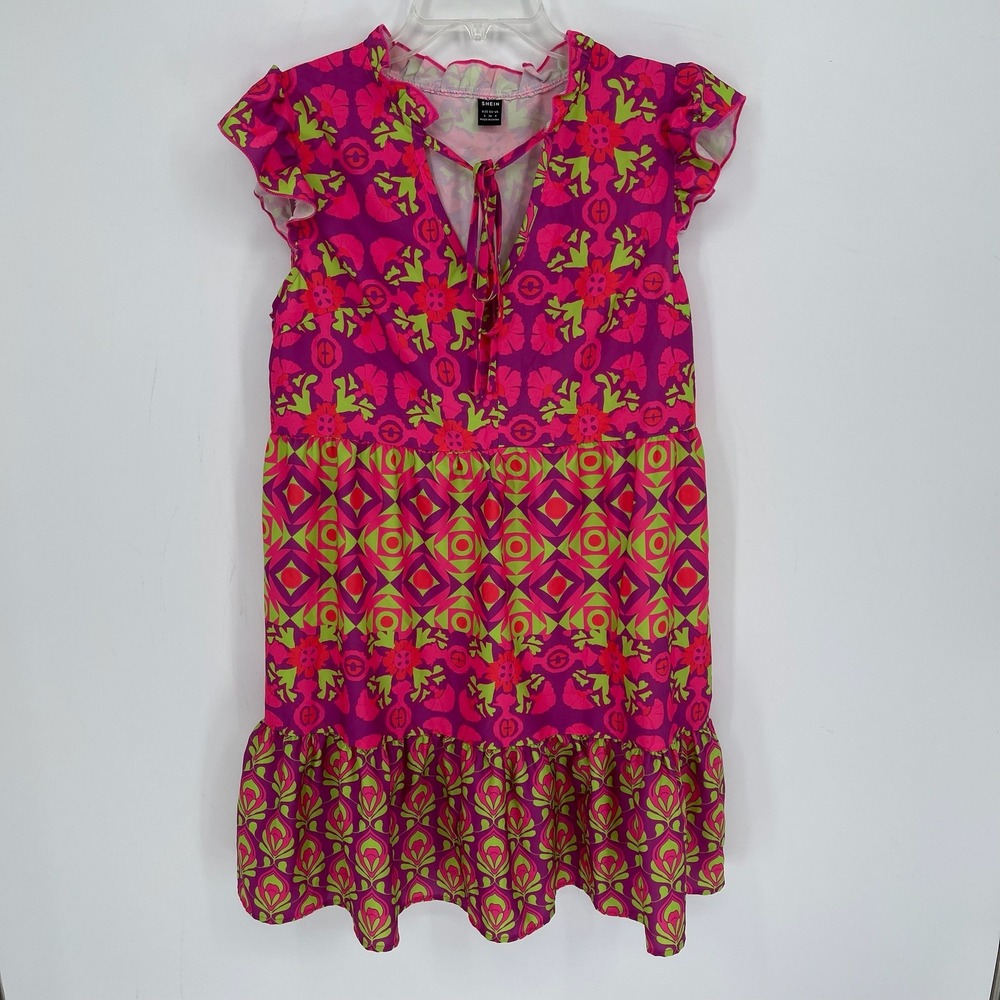 SHEIN Women's Pink Green Floral Geometric Tiered Ruffle Boho Mini Dress Size S